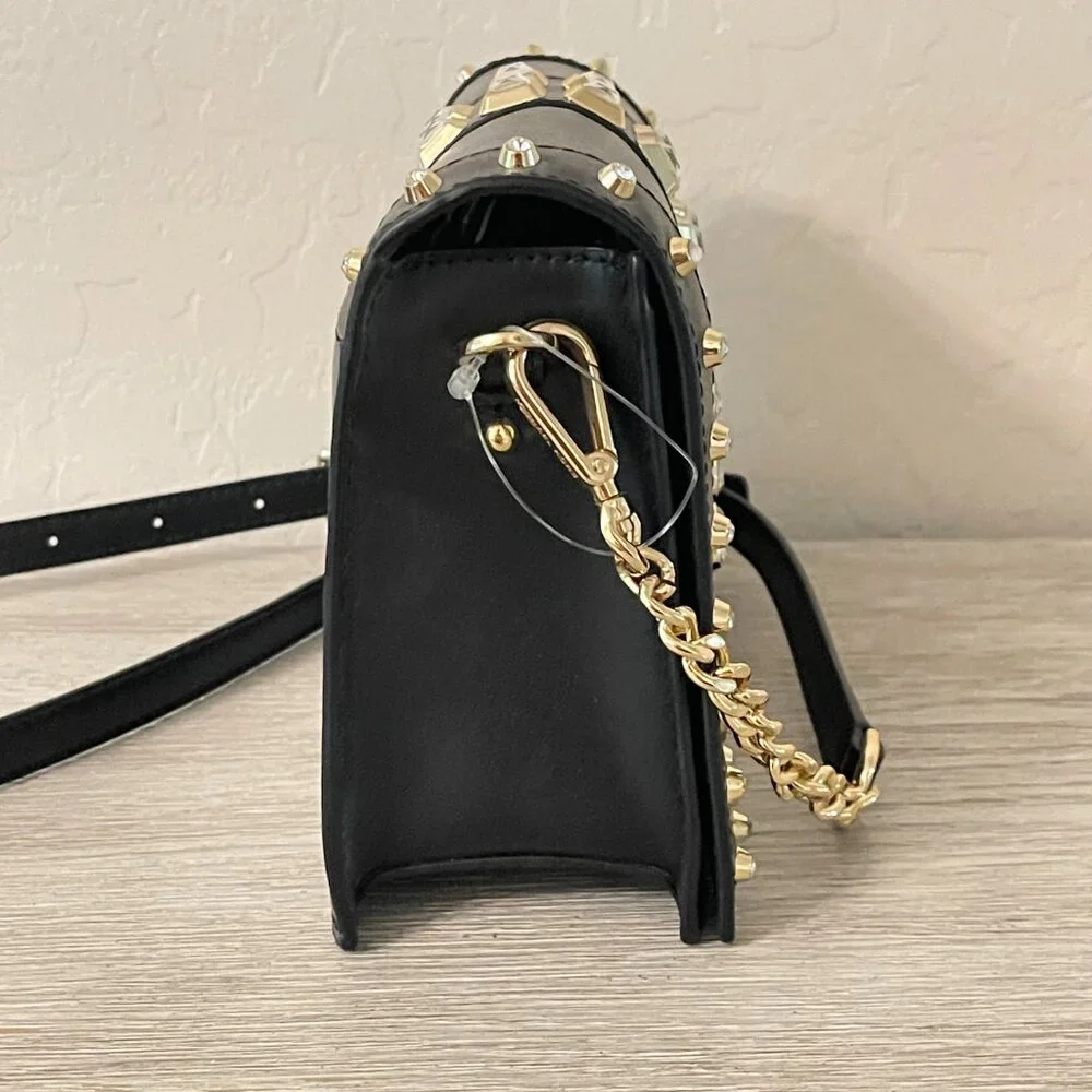 New Michael Kors Crossbody Bag Black Gold Rhinestone Crystal Studs Chain Flap MK